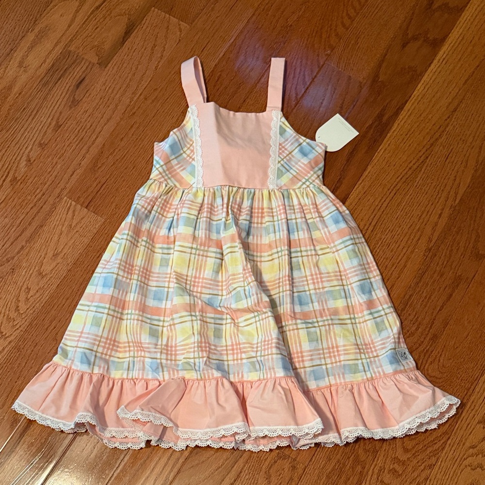 Darling Mae by Ric Rac & Ruffles Girls' Pastel Plaid Sundress with Pink Trim